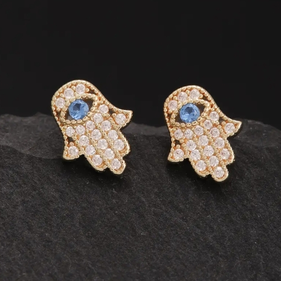 18K Gold Plated Hamza Hand of Fatima Evil Eye Diamond Stud Earrings - Picture 1 of 8
